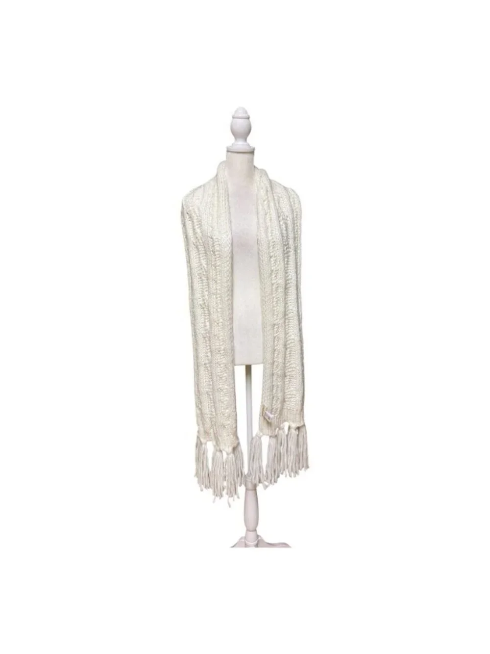 Michael Kors White Cable Knit Scarf Fringe Long Winter Acrylic 71” x 9”